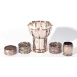 Mixed Lot comprising a small Dutch white metal cylindrical pot, three various silver napkin