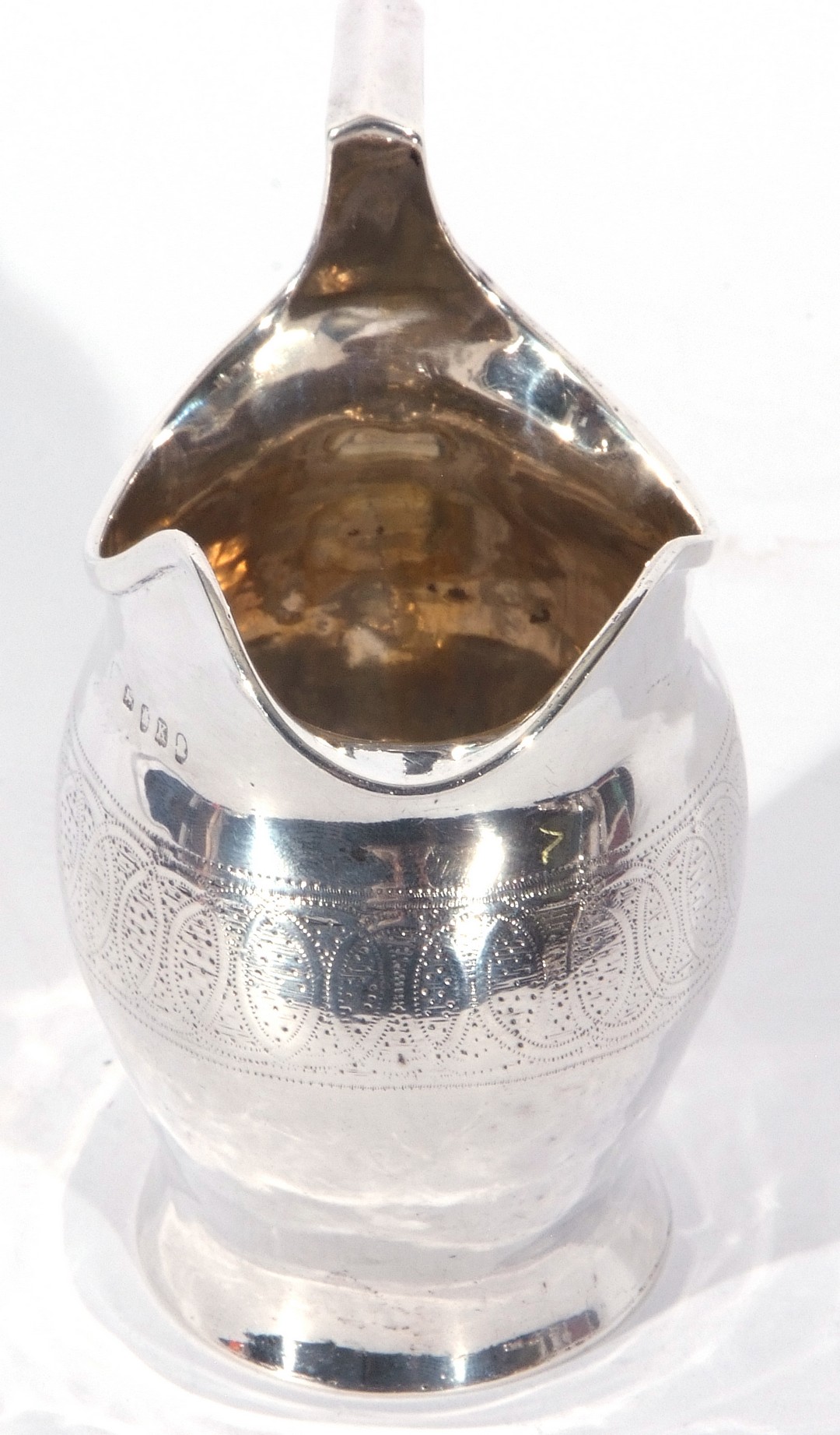 George III silver cream or milk jug, helmet shaped with chased and engraved band, plain square - Image 3 of 5