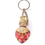 19th century cranberry clear glass and gilt painted scent bottle with base metal mount and