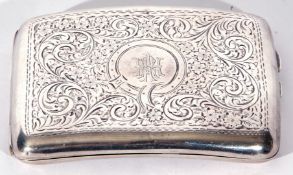 George V silver cigarette case of curved rectangular form, engraved and chased both sides with