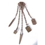 Victorian silver plated chatelaine with five chains to include accessories such as a pencil