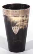 Edward VII silver mounted glass bottomed horn beaker, the silver rim marked Chester 1906 and applied