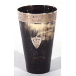 Edward VII silver mounted glass bottomed horn beaker, the silver rim marked Chester 1906 and applied