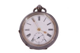 Last quarter of 19th century white metal cased gent's pocket watch, open faced, gold hands to a