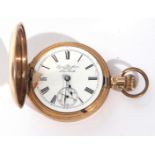 Gents first quarter of 20th century large gold plated half hunter pocket watch with button wind by