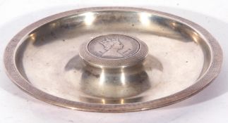 Elizabeth II silver ashtray, the centre inset with a commemorative coin for the Coronation of the