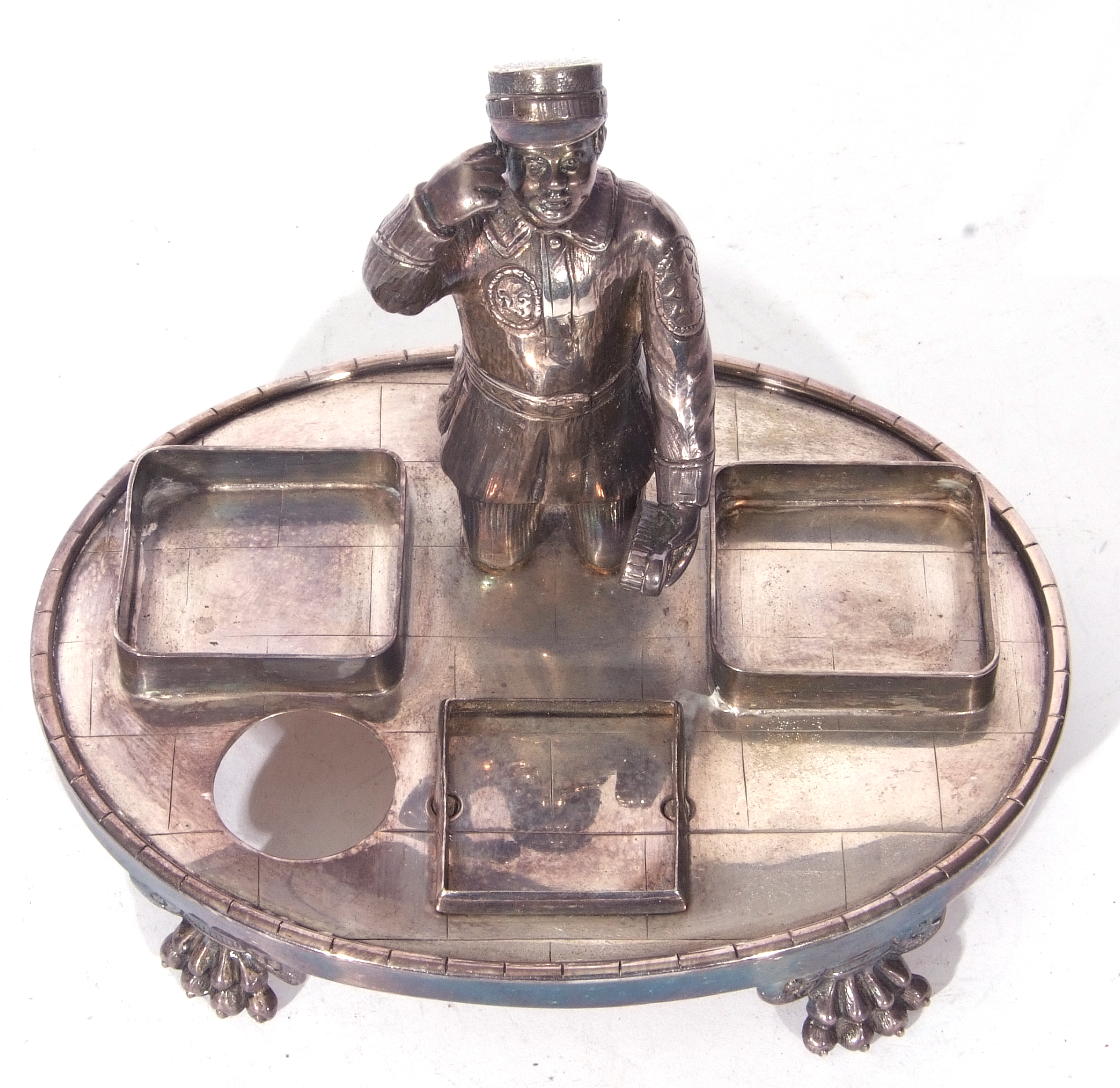 Unusual Victorian silver plated desk stand mounted with a figure of a shoeshine boy set on an oval - Image 2 of 3