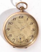 Second quarter of 20th century gents gold plated cased dress pocket watch by Tempo, having gold