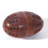 Antique carved coquilla nut pomander formed of two sections with screw thread attachment,