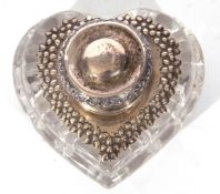 Cut glass heart shaped inkwell, the top with hinged lidded embossed white metal mount, 8.5 x 8cm