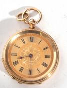 Ladies last quarter of 19th century '18K' cased fob watch with blued steel hands to a decoratively