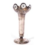 Edward VII silver vase of trumpet form, having an ornate pierced rim to a spreading circular foot,