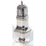 Elizabeth II silver sugar caster of octagonal form, the body with a reeded band, the pierced pull