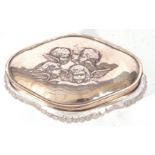 Late 19th/early 20th century silver and clear cut glass dressing table box, the silver lid decorated