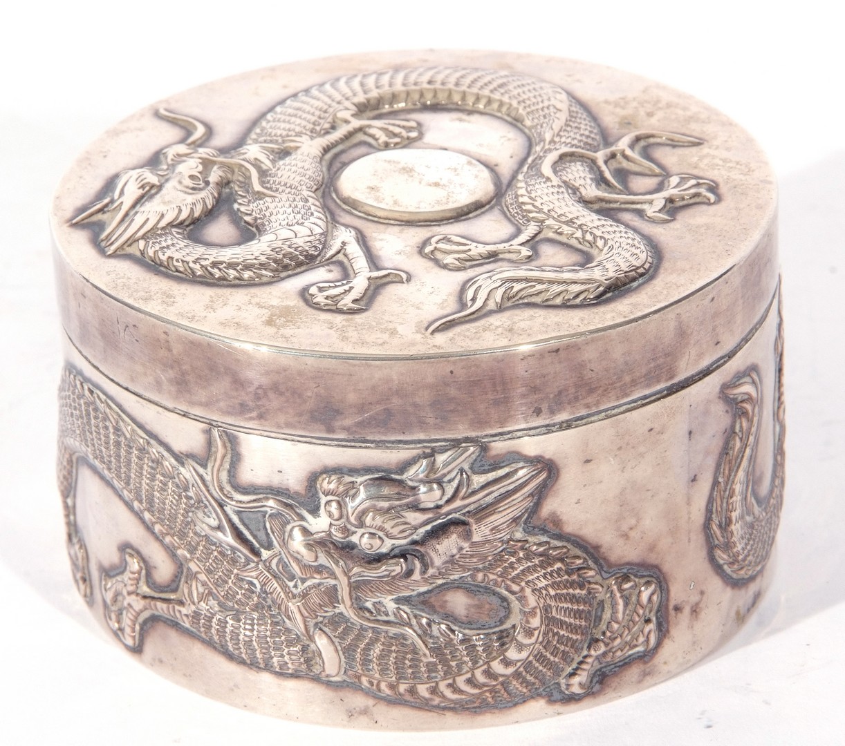 Chinese white metal circular box with pull off lid, circa late 19th/early 20th century, the body and - Image 2 of 5