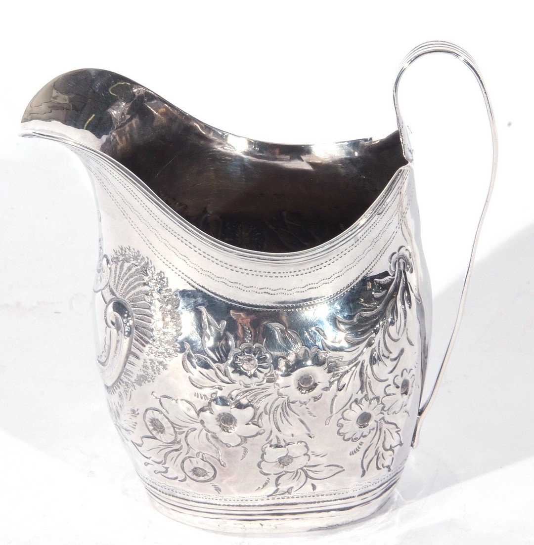 George III silver helmet formed cream jug with looped handle, the body with later floral - Image 4 of 4