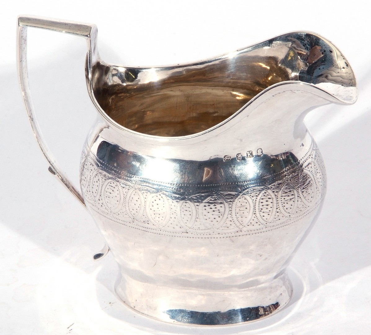 George III silver cream or milk jug, helmet shaped with chased and engraved band, plain square - Image 2 of 5