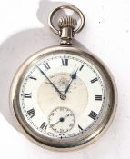 Gents first quarter of 20th century nickel cased pocket watch with button wind, having blued steel