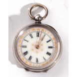 Ladies last quarter of 19th century white metal cased fob watch with key wind, having gold hands