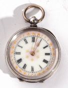 Ladies last quarter of 19th century white metal cased fob watch with key wind, having gold hands