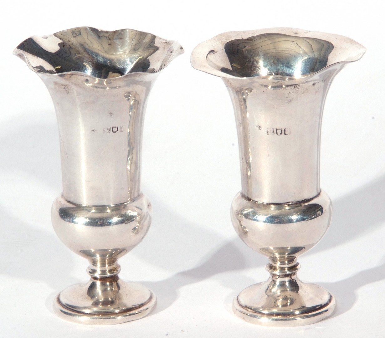 Pair of hallmarked silver vases of campana urn form with crimped rims, bases are weighted, 10cm - Image 2 of 3