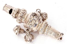Victorian silver baby's whistle and rattle of floral baluster form, now lacking coral teething