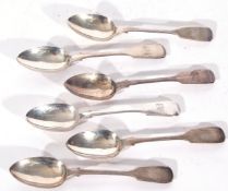 Set of six Victorian Fiddle pattern tea spoons, Newcastle 1864, makers Gowland Bros, 110gms