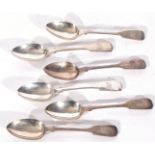 Set of six Victorian Fiddle pattern tea spoons, Newcastle 1864, makers Gowland Bros, 110gms