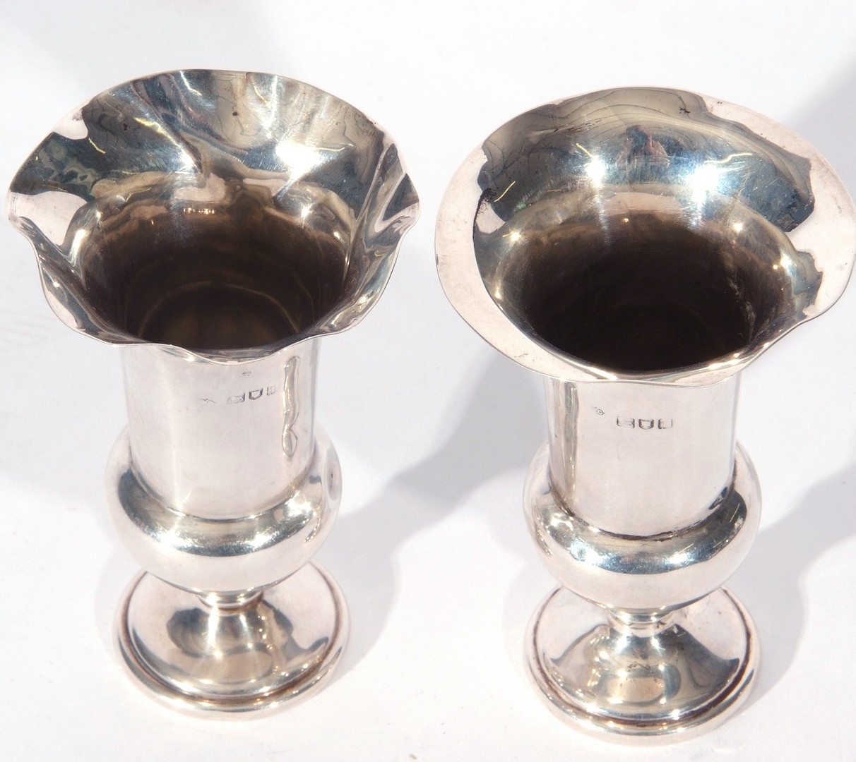 Pair of hallmarked silver vases of campana urn form with crimped rims, bases are weighted, 10cm - Image 3 of 3