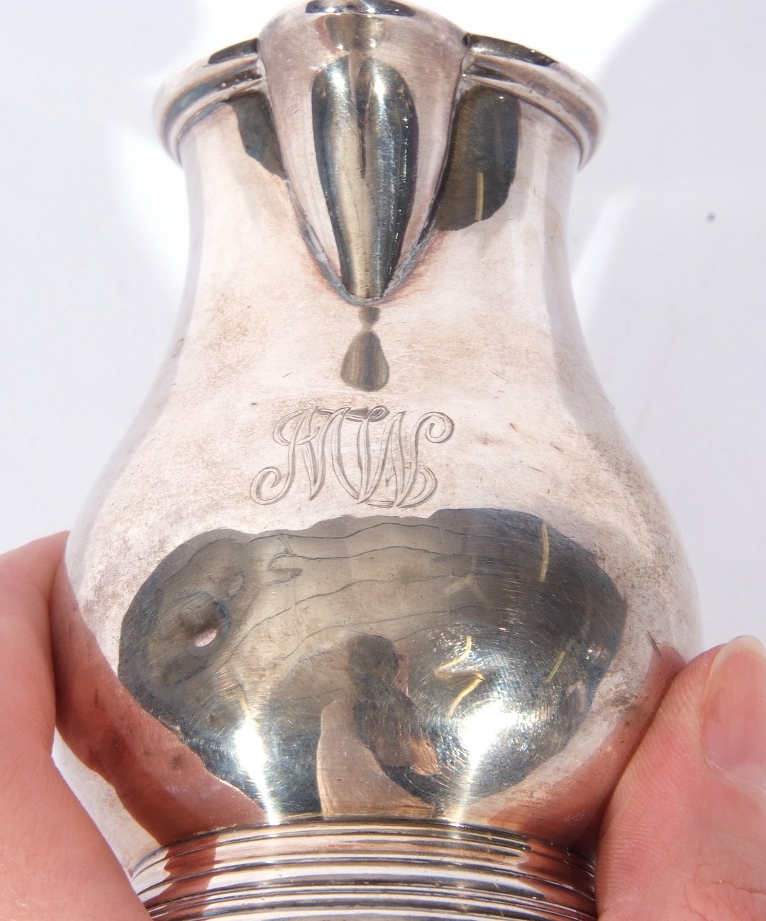 George III silver sparrowbeak cream jug, the baluster body with a scrolled handle over a ribbed - Image 5 of 5