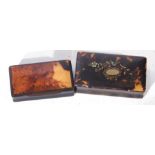 Two tortoiseshell mounted horn snuff boxes of hinged rectangular form, one with applied floral