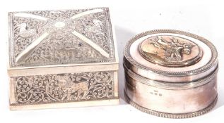 Late Victorian silver mounted oval dressing table box, the oval lid decorated with angels over a