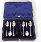 Set of six Edward VII silver tea spoons and accompanying sugar tongs in blue fitted case,