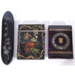 Mixed Lot comprising a Victorian papier mache card case of hinged rectangular form decorated with