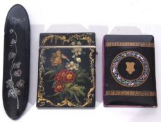 Mixed Lot comprising a Victorian papier mache card case of hinged rectangular form decorated with