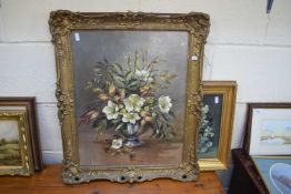 DOROTHY GARRETT, STUDY OF CHRISTMAS ROSES SET INTO A GILT FINISH FRAME, 60CM HIGH (2)