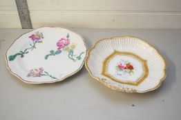 FRENCH GIEN PLATE DECORATED WITH FLOWERS TOGETHER WITH A FURTHER SHELL FORMED DISH, POSSIBLY