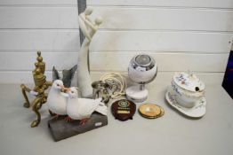 MIXED LOT COMPRISING BRASS FIRE DOGS, COMPOSITION FIGURES, STUDIO POTTERY MODEL BIRD, SMALL RETRO