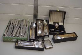 COLLECTION OF VARIOUS SILVER PLATED CUTLERY, SILVER PLATED EGG CUP, SILVER PLATED CIGARETTE CASE