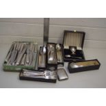 COLLECTION OF VARIOUS SILVER PLATED CUTLERY, SILVER PLATED EGG CUP, SILVER PLATED CIGARETTE CASE