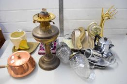 MIXED LOT TO INCLUDE BRASS OIL LAMP BASE, VARIOUS SILVER PLATED WARES, SMALL GLASS CEILING LIGHT