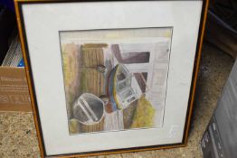 BOX OF MIXED PICTURES TO INCLUDE WATERCOLOUR BY FRANK SUMNER, MOORED FISHING BOATS PLUS FURTHER