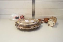 MIXED LOT VARIOUS SILVER PLATED ITEMS TO INCLUDE ENTREE DISH, COASTERS, VARIOUS OTHER ITEMS