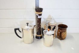 MIXED LOT BEER STEIN, WOODEN VASE, STAINLESS STEEL MELIOR COFFEE POT AND A POTTERY MUG