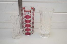 FRENCH MID-20TH CENTURY ART GLASS VASE, POSSIBLY DURAND, TOGETHER WITH TWO FURTHER CUT CLEAR GLASS