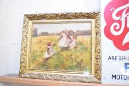 AFTER WILLIAM AFFLECK, 'PICKING WILD FLOWERS' COLOURED PRINT, GILT FRAMED, 53CM WIDE