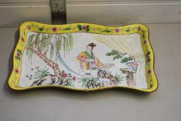 CHINESE ENAMEL DRESSING TABLE TRAY DECORATED WITH A FIGURE AMONGST TREES