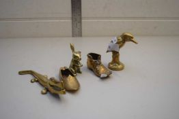 COLLECTION OF BRASS ANIMALS, CROCODILE SHAPED NUT CRACKER AND BRASS SHOES