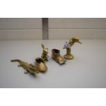 COLLECTION OF BRASS ANIMALS, CROCODILE SHAPED NUT CRACKER AND BRASS SHOES