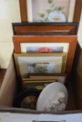 BOX OF MIXED FRAMED PICTURES, PRATT WARE POT LID IN OAK FRAME AND A WALL PLAQUE MODELLED AS THREE
